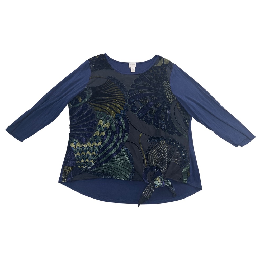 Chicos‎ Blue Black Velvet Burnout Tunic Top Womens 2 Artsy Boho Wearable Art